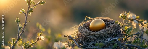 Obraz na płótnie Nest Showcasing Golden Egg in a Natural Setting Symbolizes the Blend of Nature and Wealth in a Tranquil Environment Generative AI w salonie