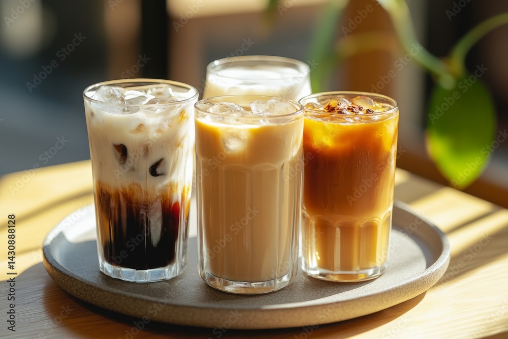 Iced coffee drinks on a plate against a sunny background Iced coffee drinks on a plate against a sunny background