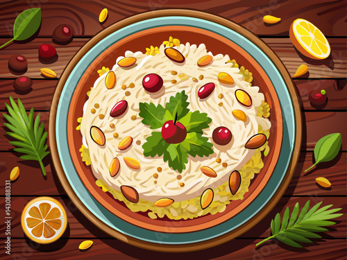 vector of Serve rice and decorate it with barberry and pistachio slices against the dark wood background