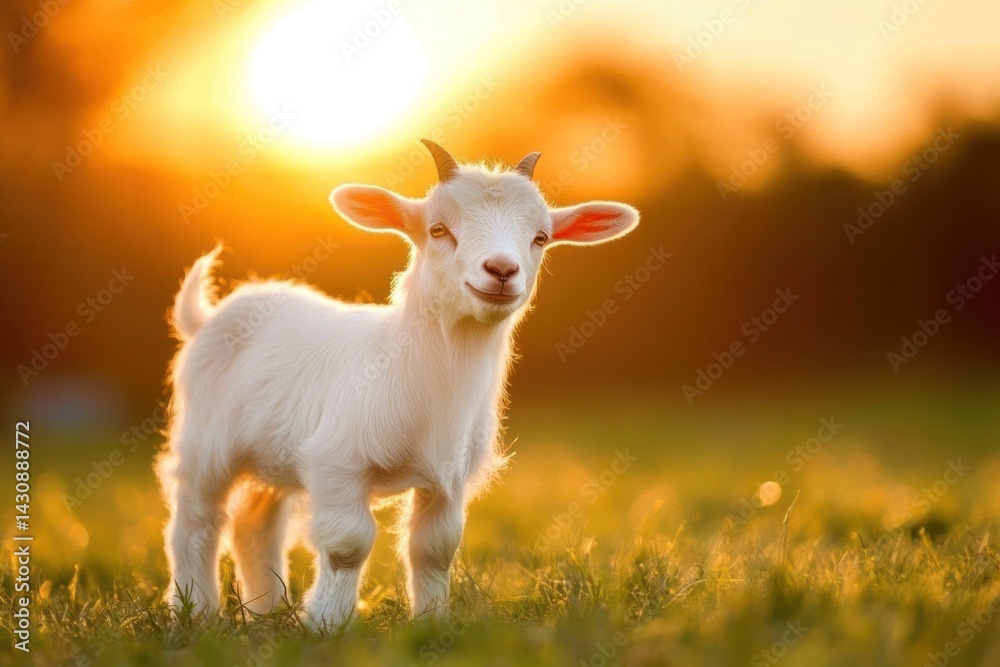 Fototapeta premium Young White Goat Stands in Sunset Meadow