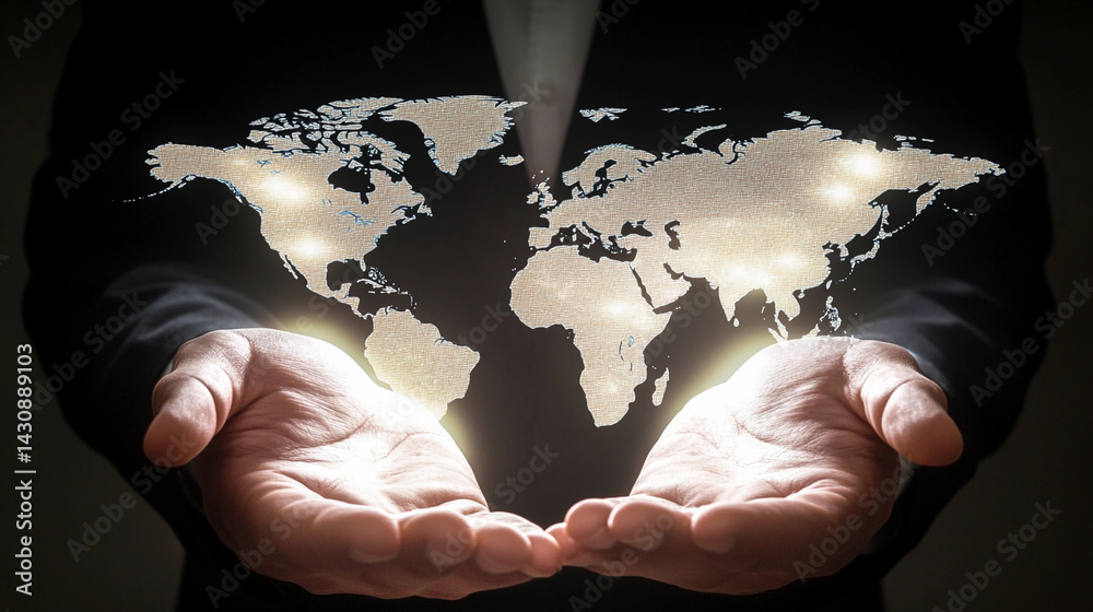 Businessman showcases global vision with hands upward Generative AI