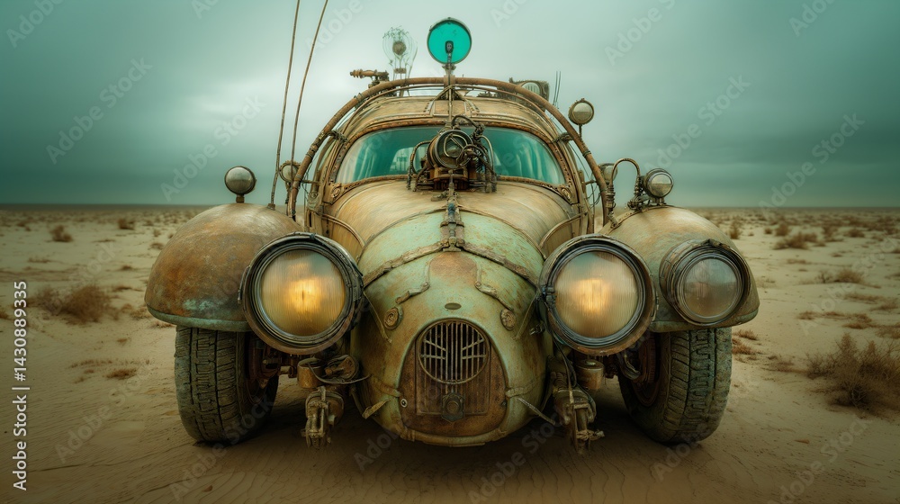 crazy futuristic car in the desert, post-apocalyptic 4x4 off road vehicle