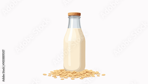 Homemade oat milk in clear glass bottle with oats, minimalistic style