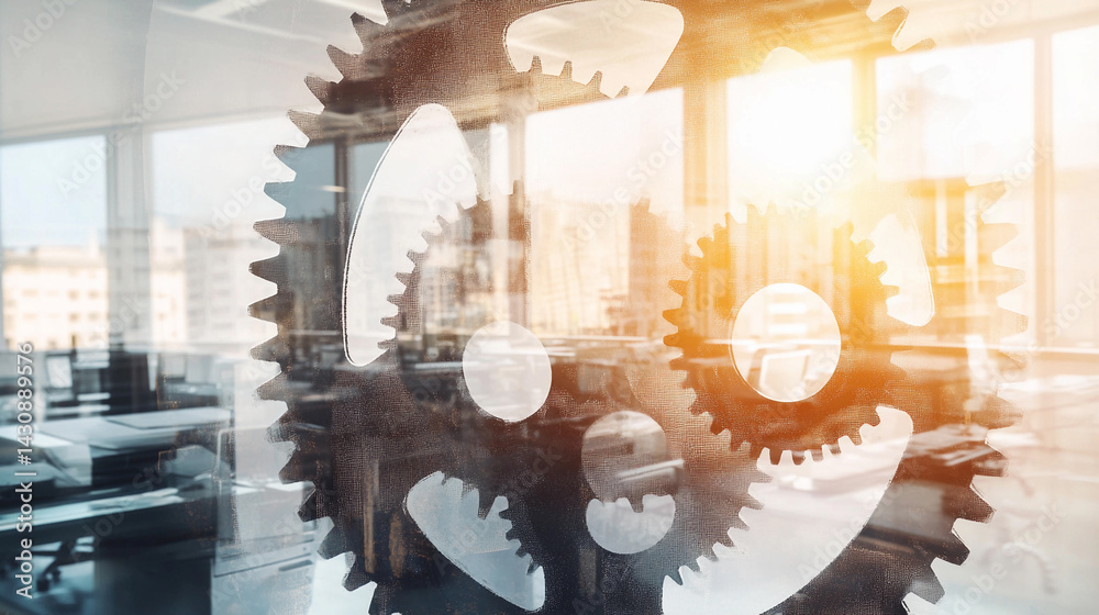 Industrial gears in double exposure with urban backdrop Generative AI