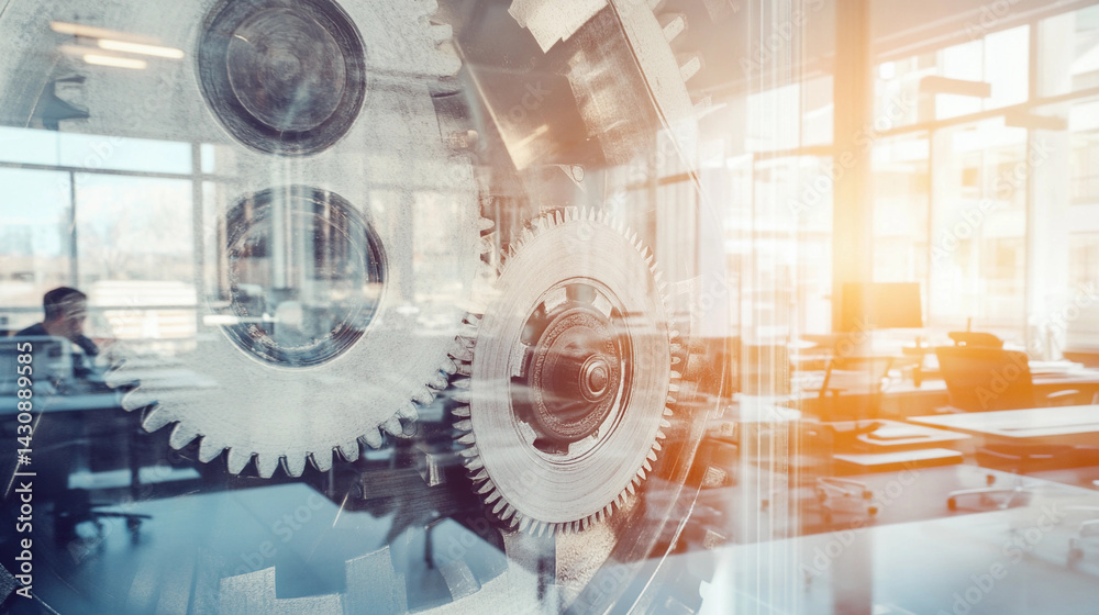 Double exposure of industrial gears and modern workspace Generative AI