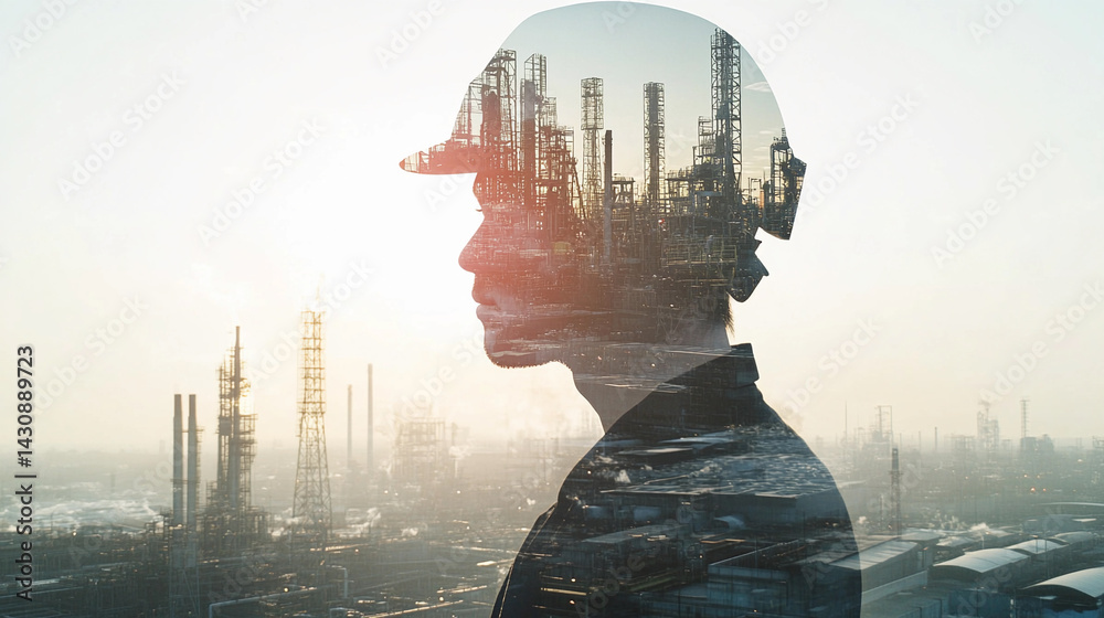 Double exposure portrait of an industrial worker at sunrise Generative AI