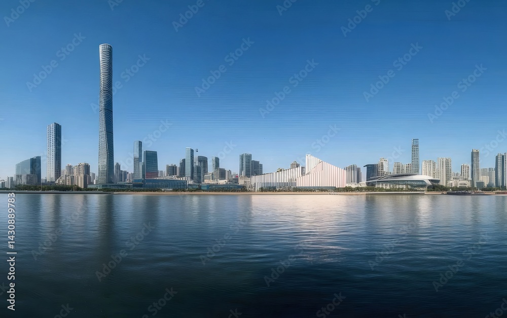 広々とした青い空の下都市景観水辺にそびえ立つモダンな高層ビル群のパノラマビュー 広々とした青い空の下都市景観水辺にそびえ立つモダンな高層ビル群のパノラマビュー