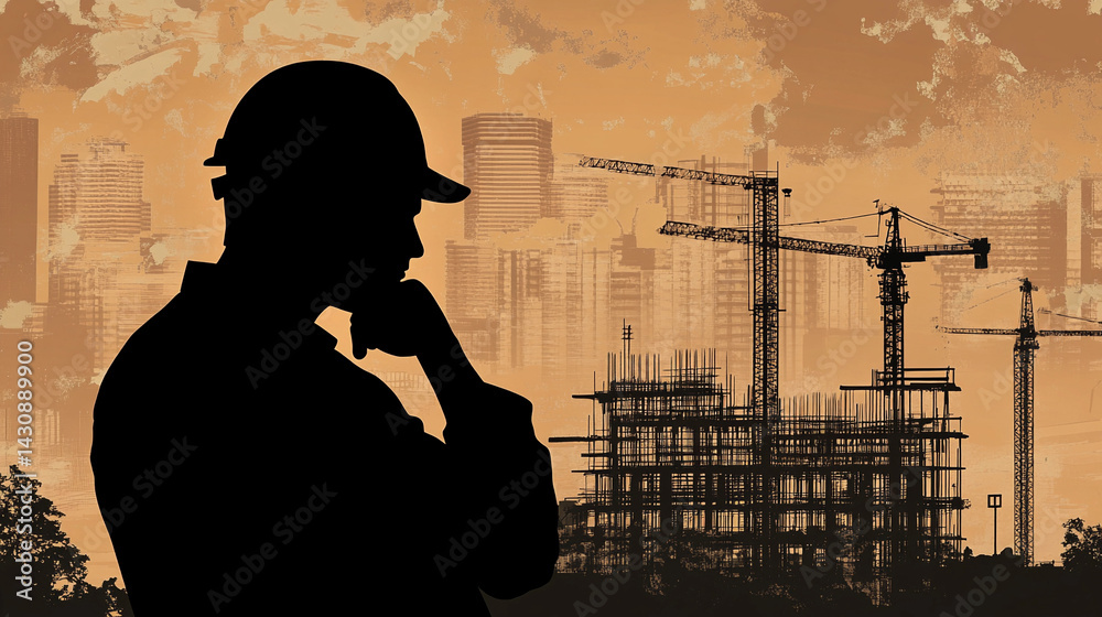 Engineer silhouette deep in thought at construction site Generative AI
