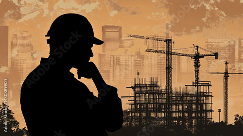 Obraz na płótnie Engineer silhouette deep in thought at construction site Generative AI w salonie