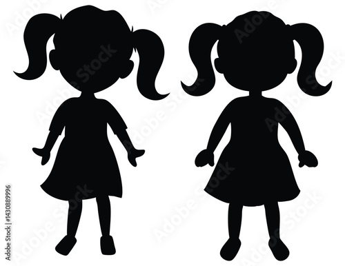 Charming Silhouette of Two Girls with Pigtails – Minimalist Cartoon Illustration