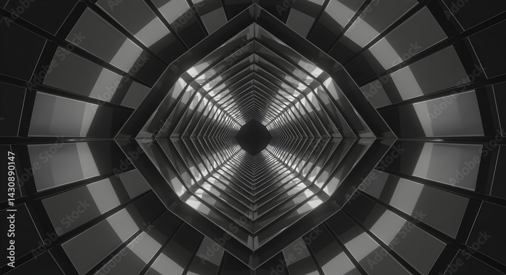 Naklejka premium Abstract Metallic Corridor With Geometric Pattern And Perspective View