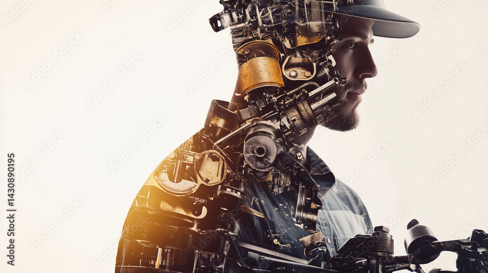 Mechanic working with engine parts and tools in workshop Generative AI