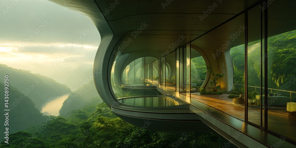 futuristic luxury building, sunset over the rainforest river, modern organic green eco architecture concept, exotic fantasy landscape