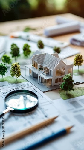 White Architectural House Model on Blueprints