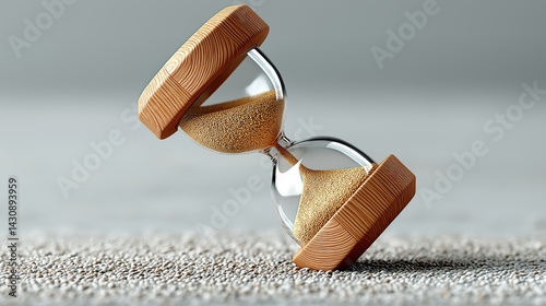 A tilted hourglass with wooden base and sand slowly flowing through the narrow neck rests on a textured surface representing the passage of time and fleeting moments.
