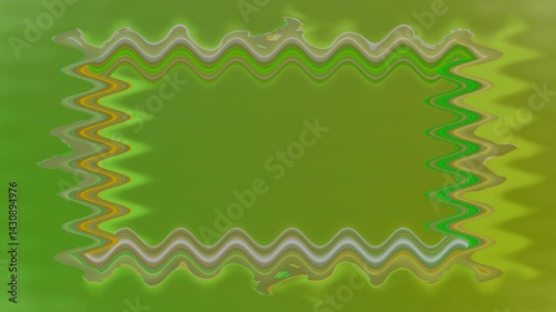 Long rectangular wavy horizontal decorated colorful green widening and narrowing long lines closed frame on green background. Space for your own content.