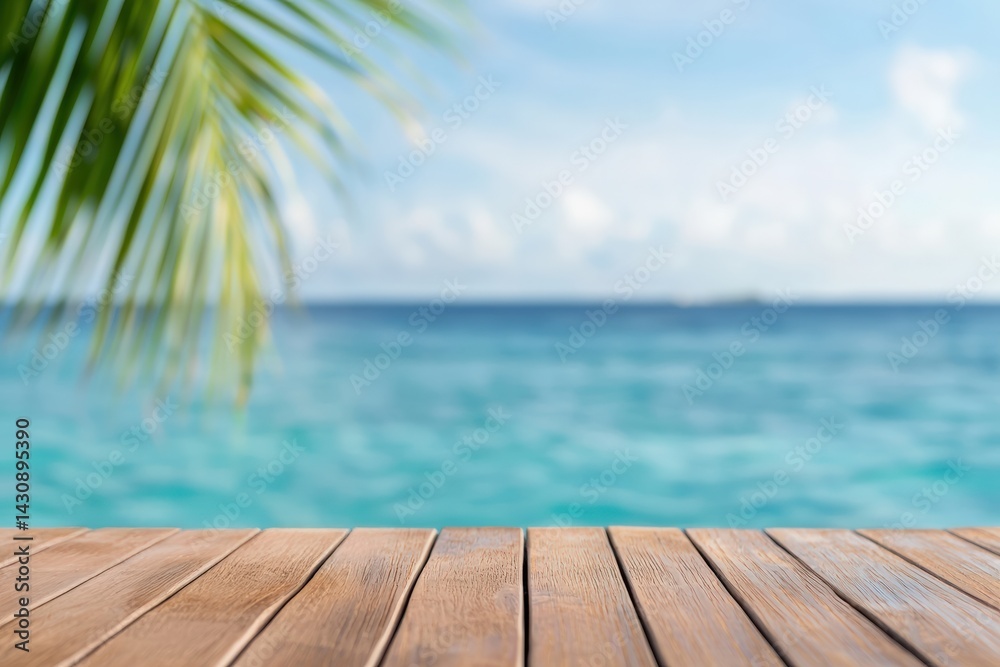 Fototapeta premium Empty bamboo deck overlooking tropical turquoise ocean and palm tree leaf