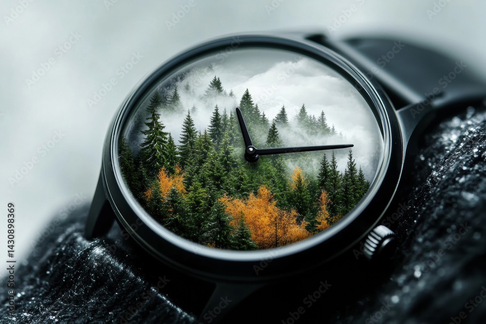 Creative Clock Design Featuring Seasonal Changes in a Pine Landscape With Nature Elements Reflecting Time Progression Generative AI