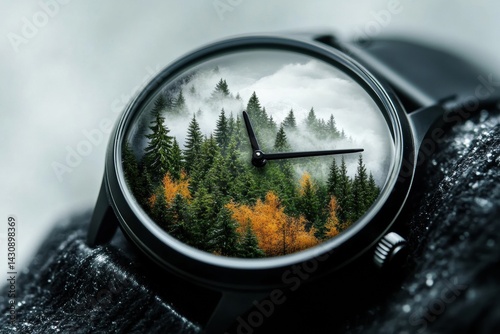 Obraz na płótnie Creative Clock Design Featuring Seasonal Changes in a Pine Landscape With Nature Elements Reflecting Time Progression Generative AI w salonie