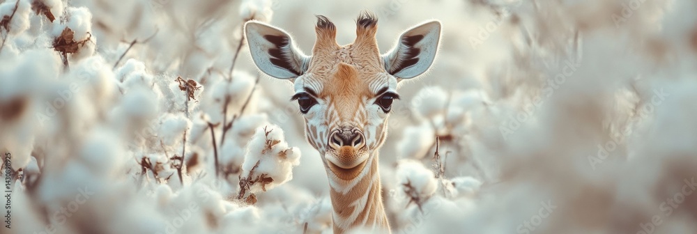 Baby Giraffe Peeks out From Fluffy Cotton Trees in a Soft Color Landscape During a Warm Afternoon Generative AI