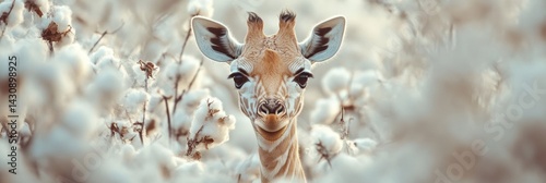 Obraz na płótnie Baby Giraffe Peeks out From Fluffy Cotton Trees in a Soft Color Landscape During a Warm Afternoon Generative AI w salonie