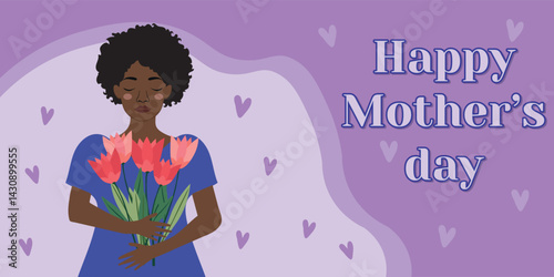 Empowering Mother's Day design with dark-skinned woman embracing flowers, purple aesthetic for inclusive seasonal celebration.