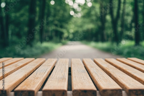 Empty wooden table inviting visitors to rest in peaceful park