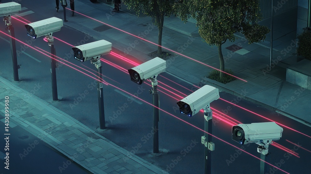 Naklejka premium Surveillance cameras line a city street at night.