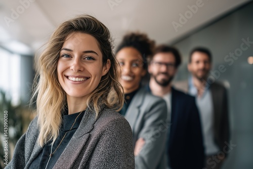 a group of smiling super model business people in an office photo