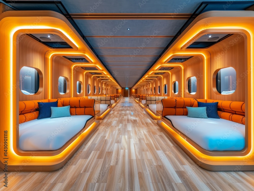 Fototapeta premium Modern Capsule Hotel Interior Design with Compact Sleeping Pods