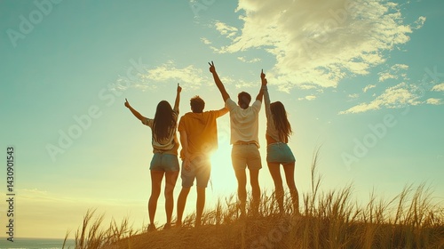 A group of four diverse friends stands together at the beach, facing away from the camera.