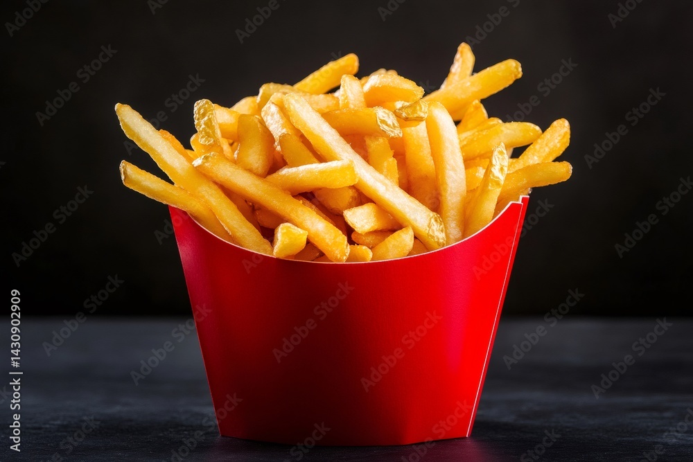 French fries overflowing a bright red carton on a dark background
