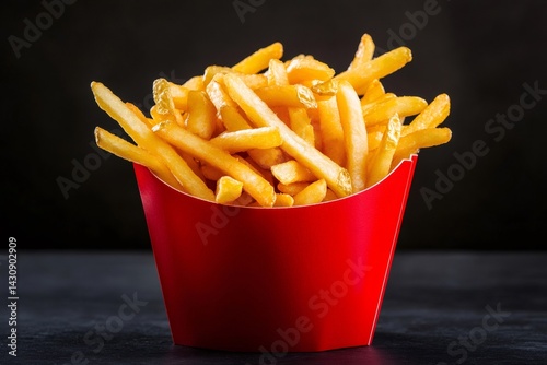 Obraz na płótnie French fries overflowing a bright red carton on a dark background w salonie
