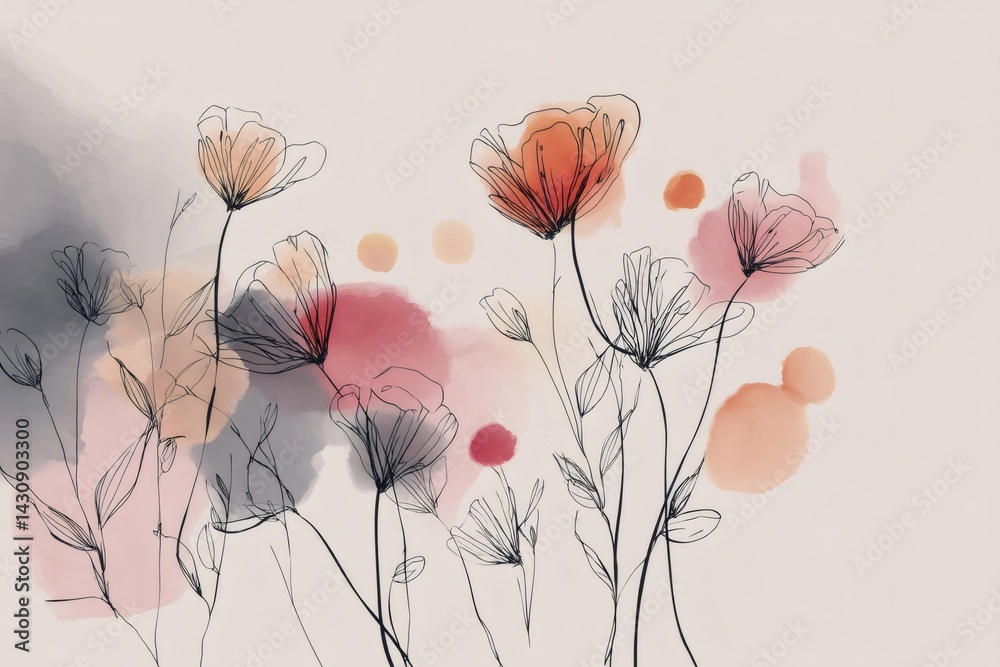 Elegant line art flowers emerging from watercolor background