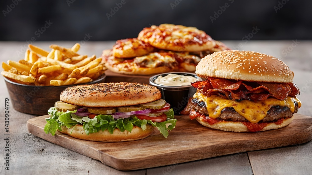Delicious burgers, french fries and mini pizzas creating the ultimate junk food feast