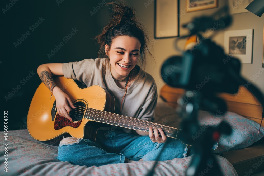 Obraz premium Blogger guitarist. Happy woman blogger playing guitar singing song recording vlog