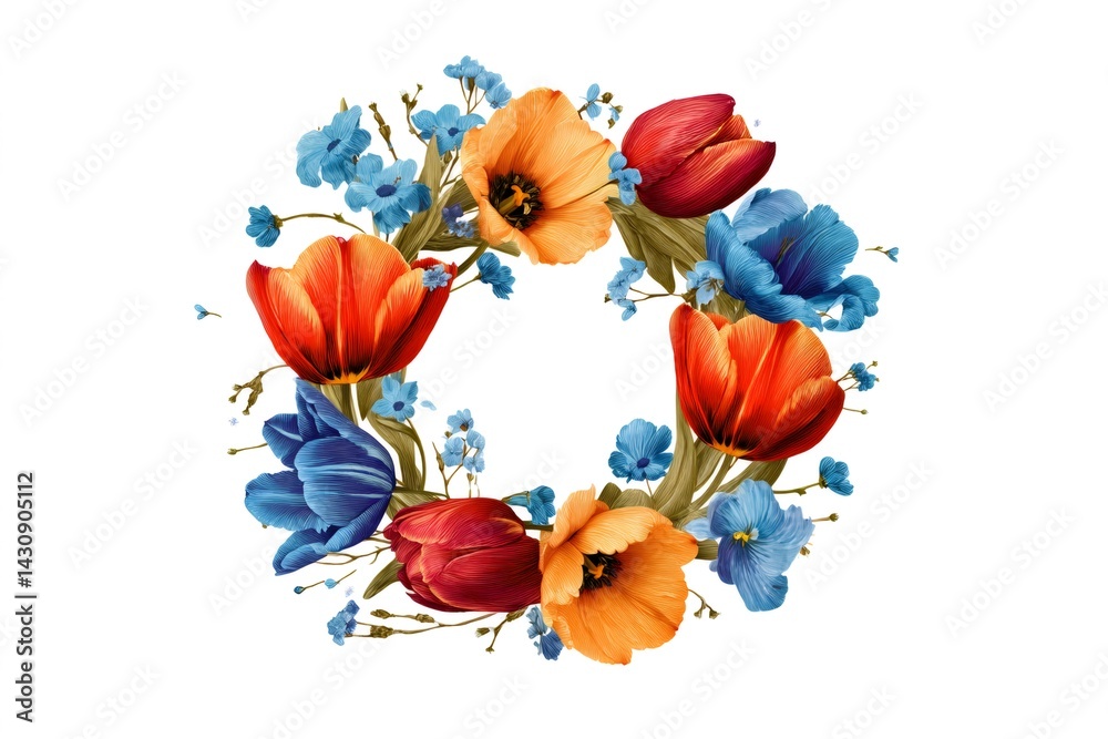Colorful wreath with orange, red and blue tulips and forget me nots forming a circle