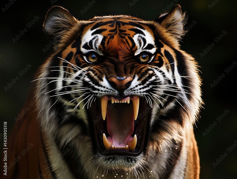 Fototapeta premium An extreme close-up of a Bengal tiger mid-snarl, its mouth wide open and displaying razor-sharp fangs