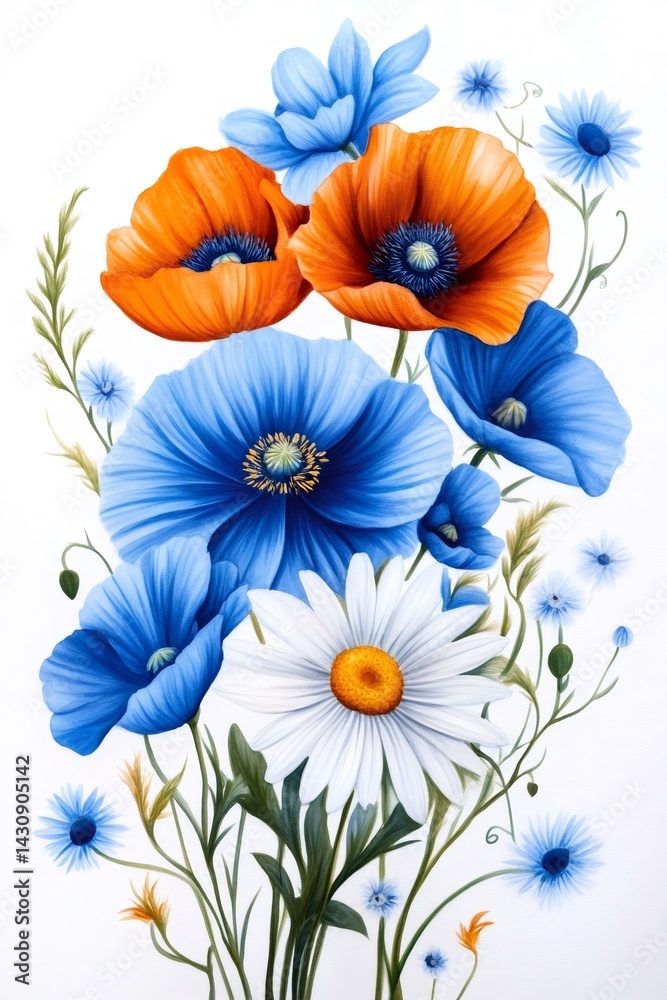 Bouquet of blue and orange poppies and daisies creating stunning floral arrangement