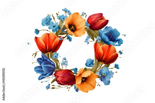 Obraz na płótnie Colorful wreath with orange, red and blue tulips and forget me nots forming a circle w salonie