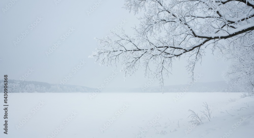 Fototapeta premium Winter Landscape with Snow Covered Lake and Trees