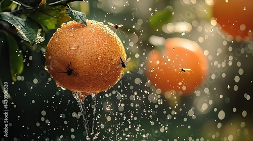 Close-up view of a citrus fruit, water droplets, and insects in a humid orchard environment.