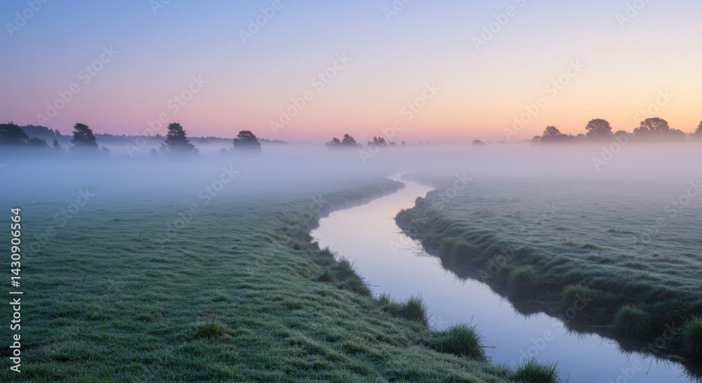 Obraz premium River in Fog at Sunrise Landscape