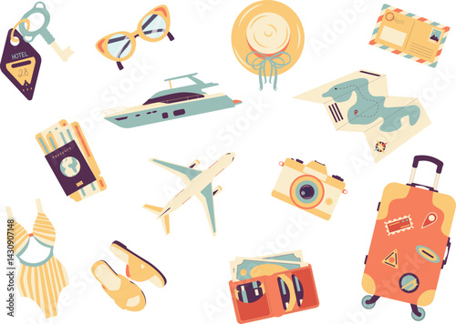 Travel set in cartoon style. Vacation, transportation, accessories and leisure items. Suitable for summer trip illustrations and travel content. White background.
