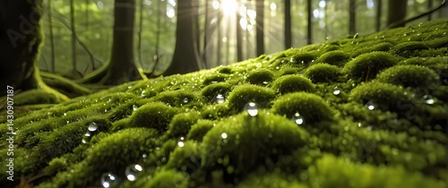 Macro image of moss carpet glistening with dew droplets on forest floor vibrant greens under soft sunlight
