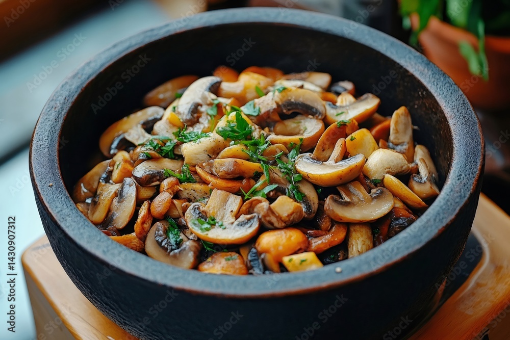 Delicious fried mushrooms with parsley in a black bowl