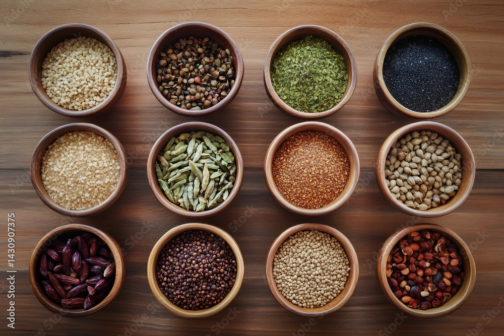Twelve small wooden bowls containing various colorful spices and grains, forming a vibrant and organized arrangement on a wooden surface