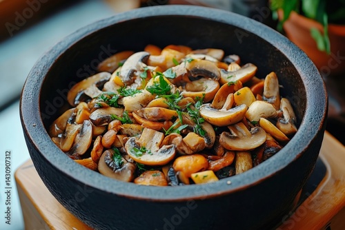 Obraz na płótnie Delicious fried mushrooms with parsley in a black bowl w salonie
