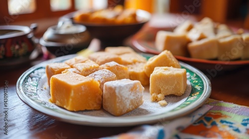 Sweet, powdered, golden squares of confectionery on a plate. photo