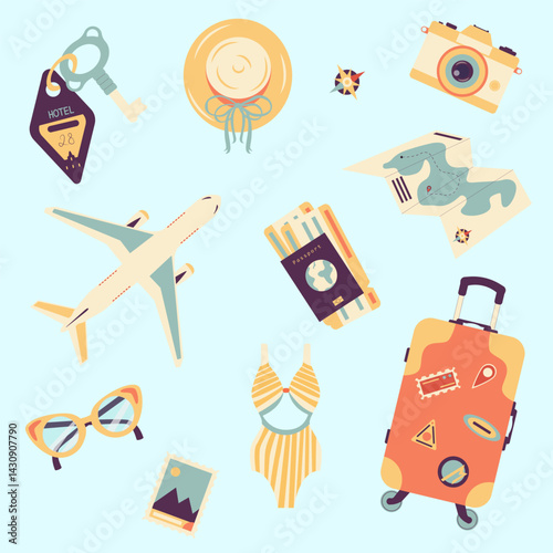 Travel set in cartoon style. Holidays, flights and sightseeing. Light blue background. Suitable for trip illustrations, holiday designs and adventure themed content.